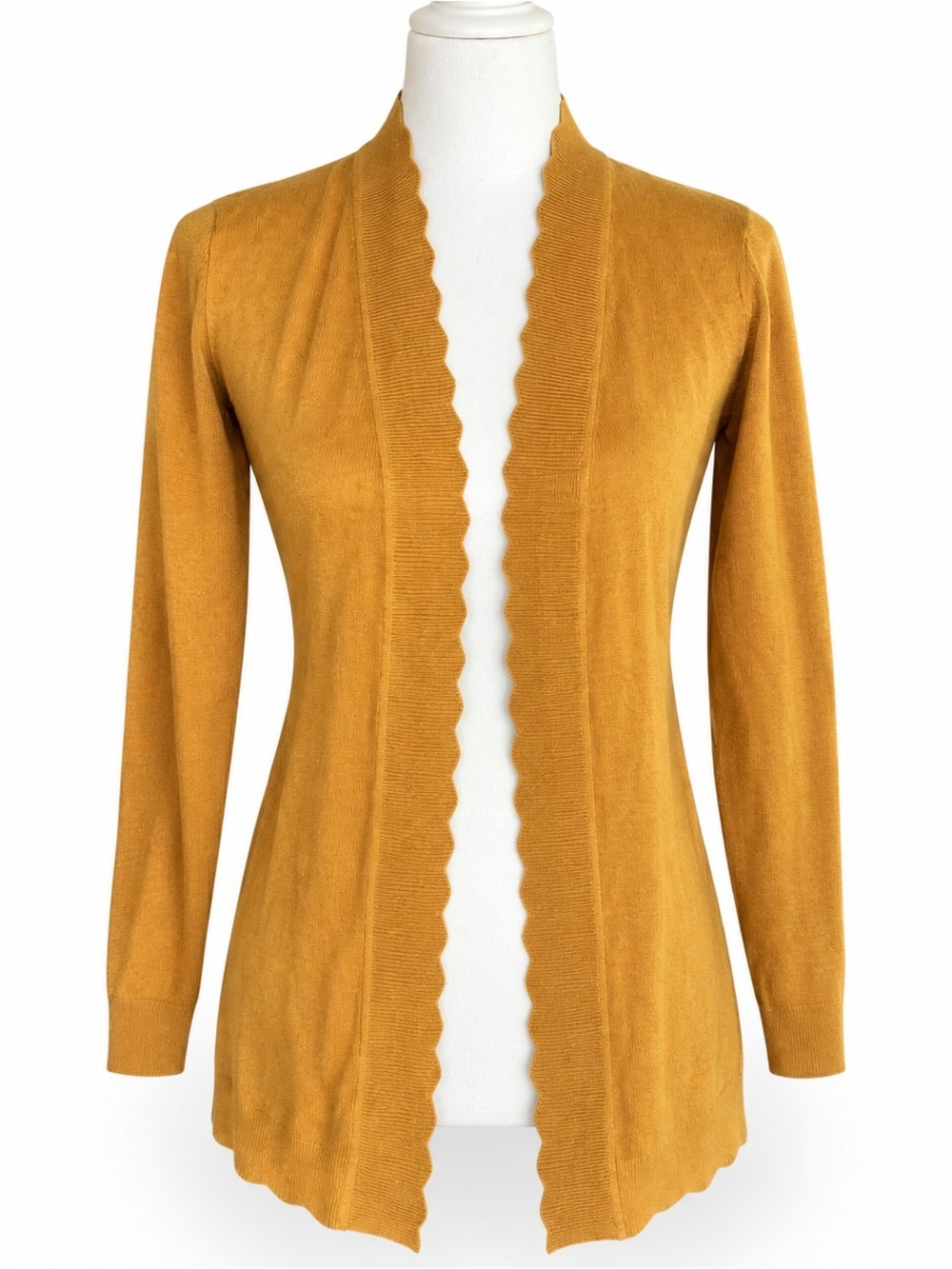 Mustard Scalloped Open-Front Women's Sweater Cardigan